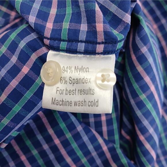 Peter Millar SZ XL Crown Sport Wicking Plaid Button Down Blue Pink Aqua - Picture 7 of 7